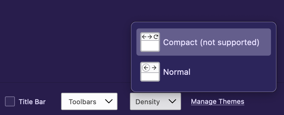 An additional Firefox menu named 'Density' to the right of the 'Title Bar' option and 'Toolbars' menu. It has the 'Normal' and 'Compact (not supported)' options listed. Compact is highlighted.