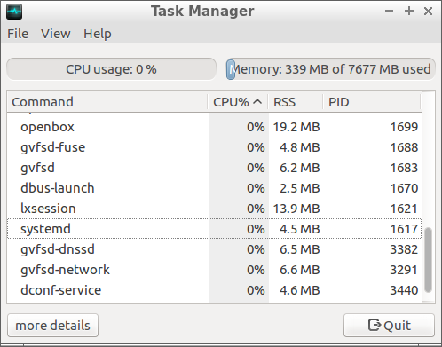Task Manager of LXDE showing 339MB of RAM usage.