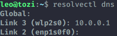 An image of a terminal window with the output of the command: resolvectl dns