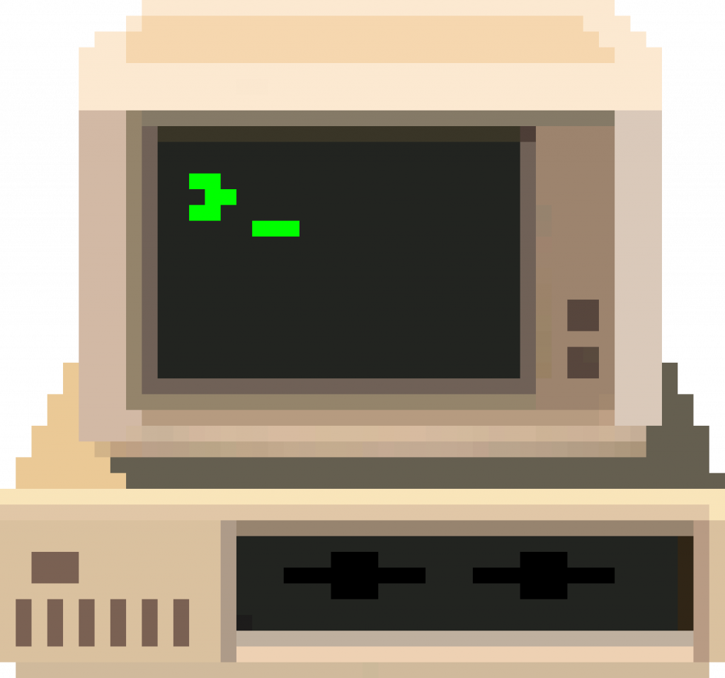 A pixel art beige PC with a green >_ prompt on the screen and two 5.25" floppy drives at the bottom.